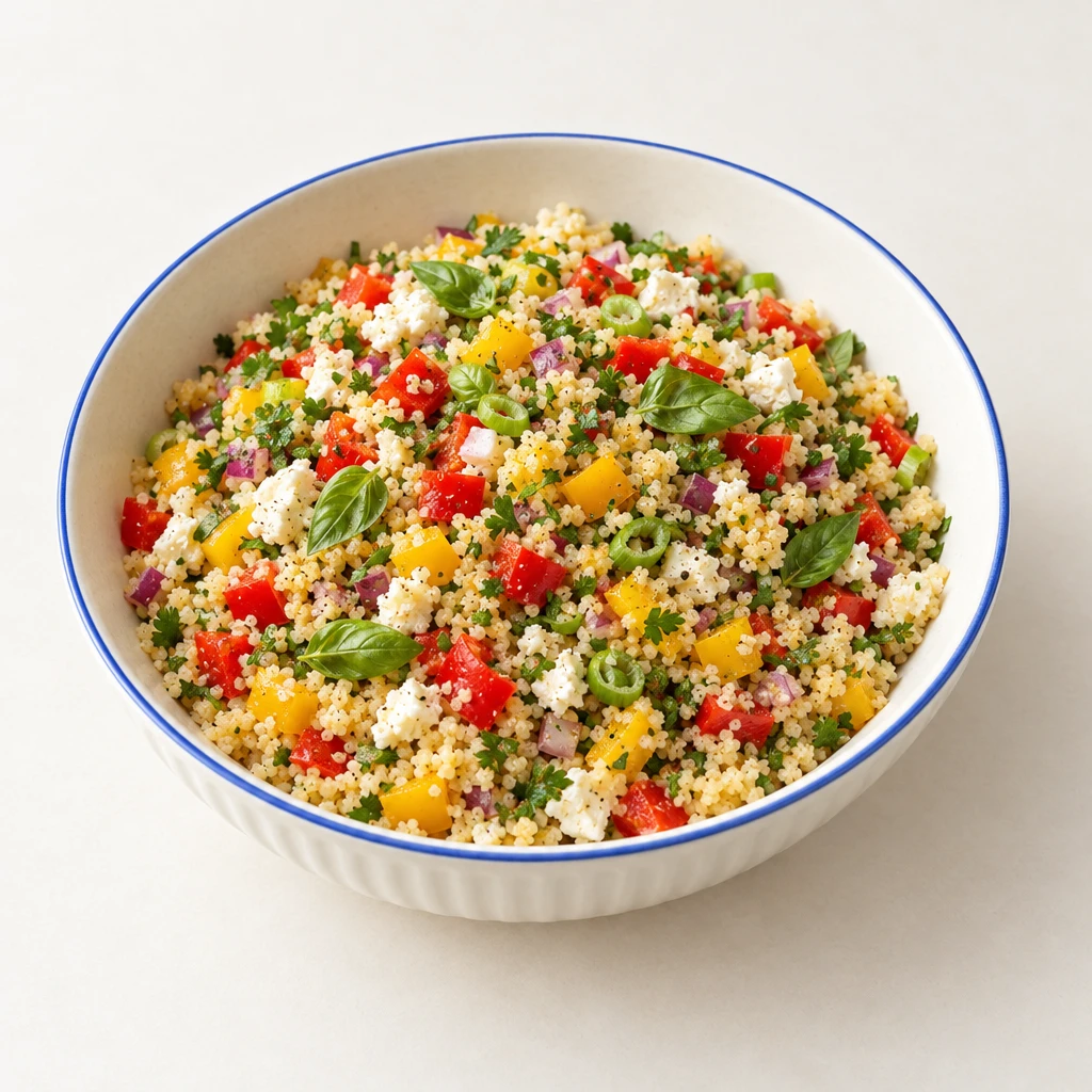 Couscous-Salat mit roten und gelben Paprikawürfeln, Schafskäse, Zwiebeln und Kräutern, mit Basilikum garniert.