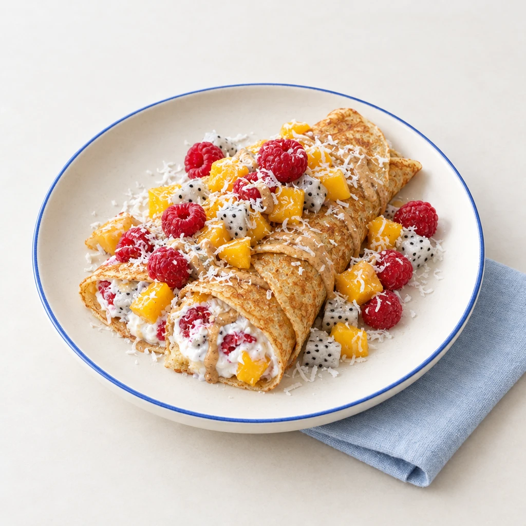 Gerollte Crêpes mit Kokos-Quark, Mango, Drachenfrucht und Himbeeren, bestreut mit Kokosraspeln.