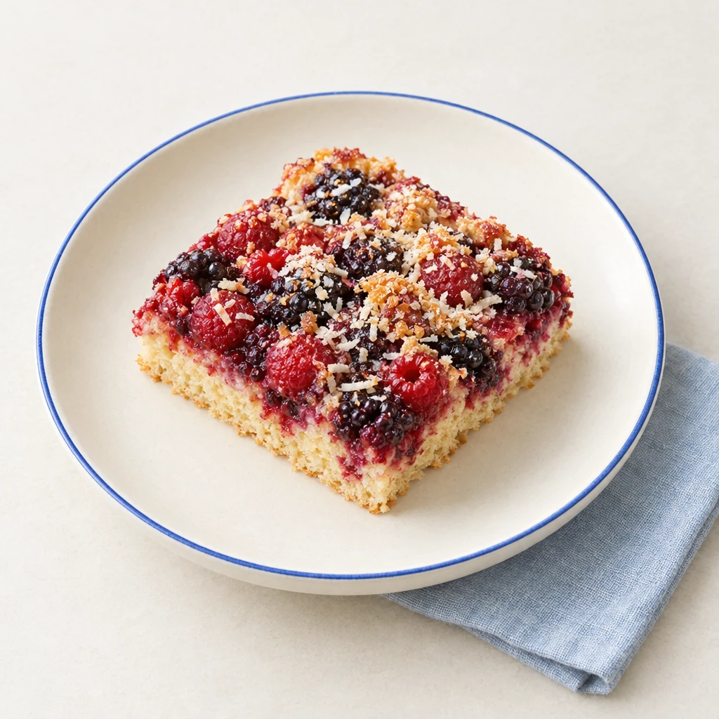 Brombeer-Himbeer-Blechkuchen in rechteckigen Stücken mit lockerem Hefeteig und Kokosraspeln.