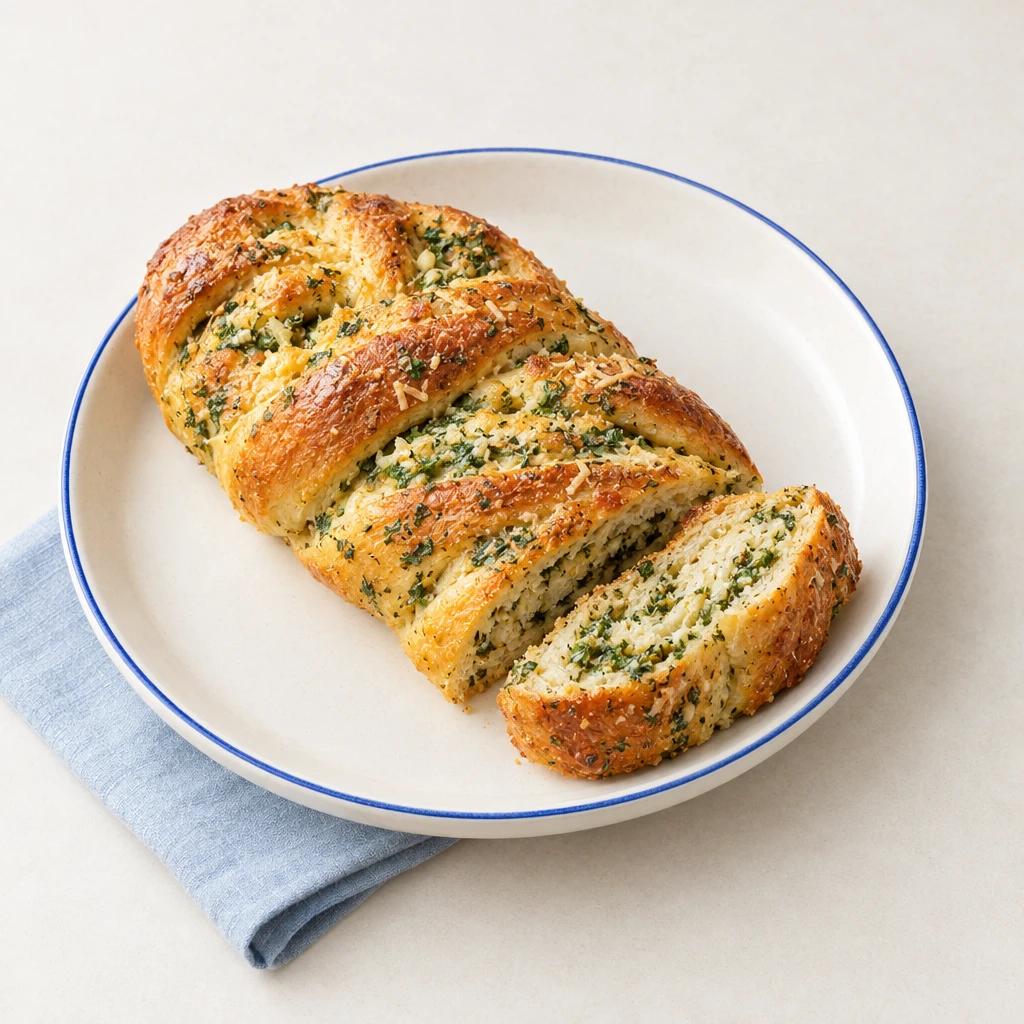 Gedrehtes Knoblauchbaguette mit Kräutern und Parmesan, angeschnitten auf einem Teller.