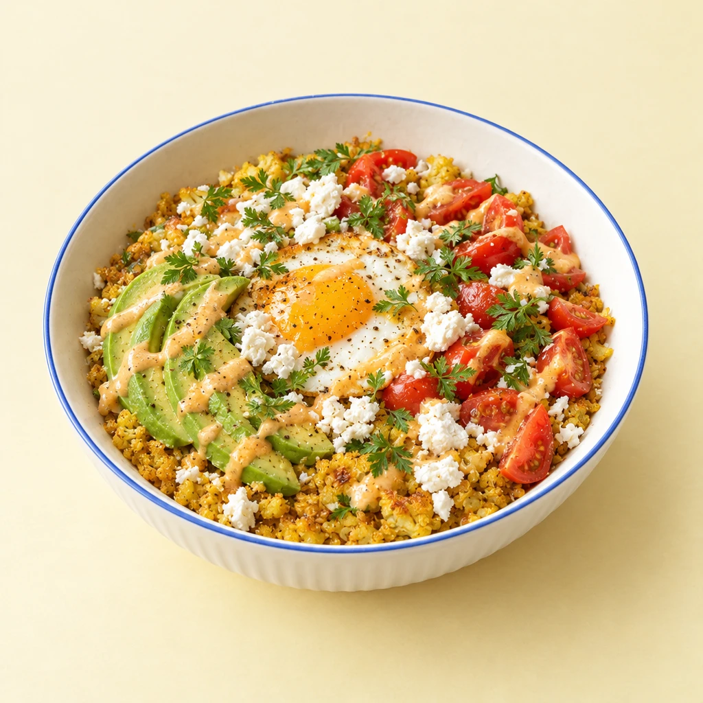 Frühstücks-Bowl mit Curry-Blumenkohl, Avocado, Tomaten, Spiegelei, Feta und Miso-Dressing.