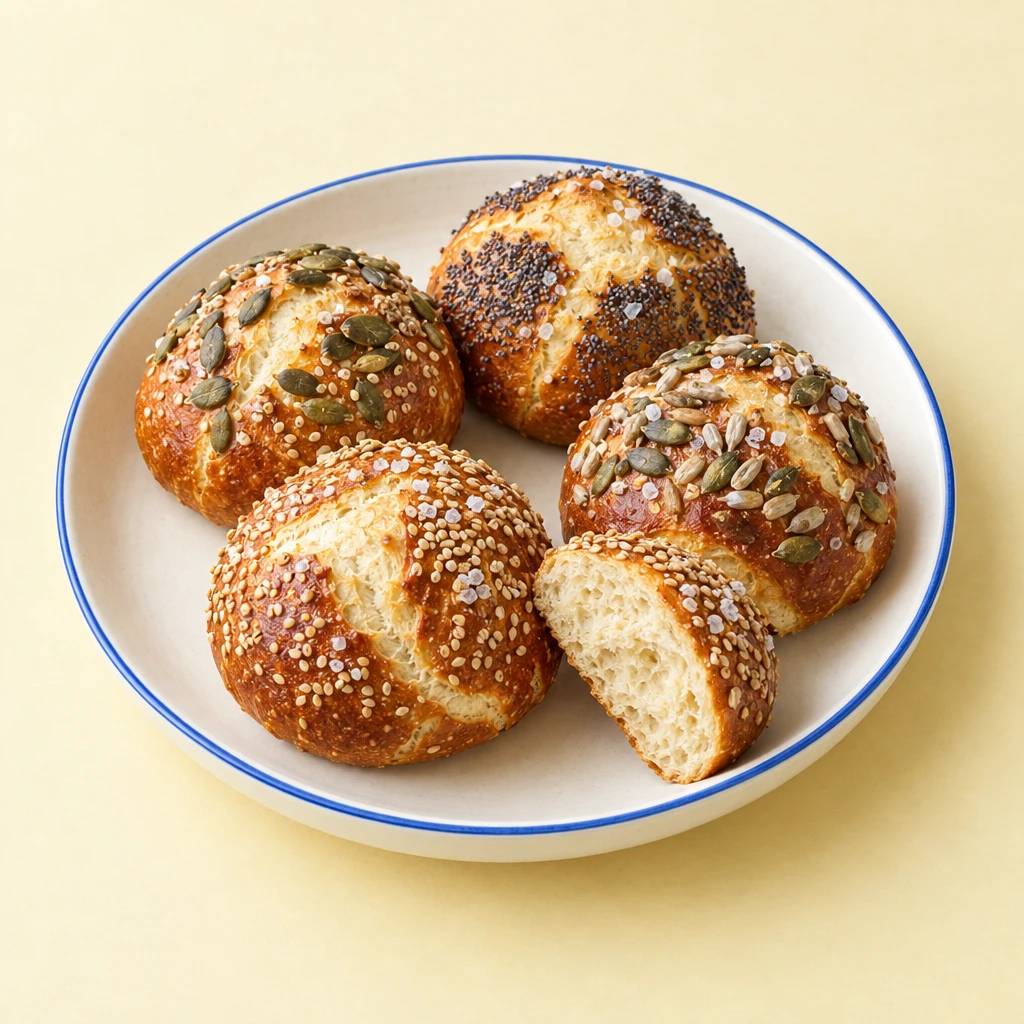 Goldbraune Laugenbrötchen mit Sesam, Kürbiskernen, Sonnenblumenkernen und Mohn auf einem Teller.