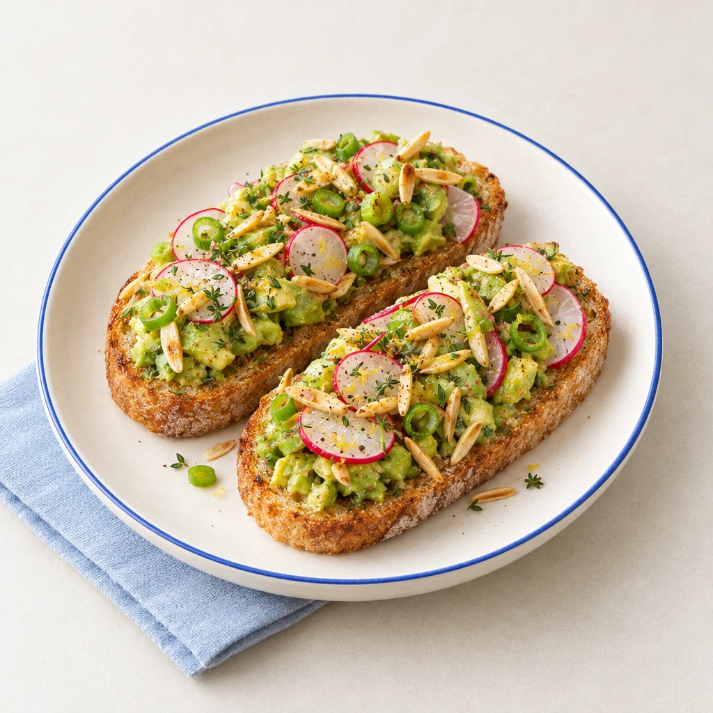 Geröstete Ciabattascheiben mit Avocadowürfeln, Lauchzwiebeln, Mandelstiften und dünnen Radieschenscheiben.