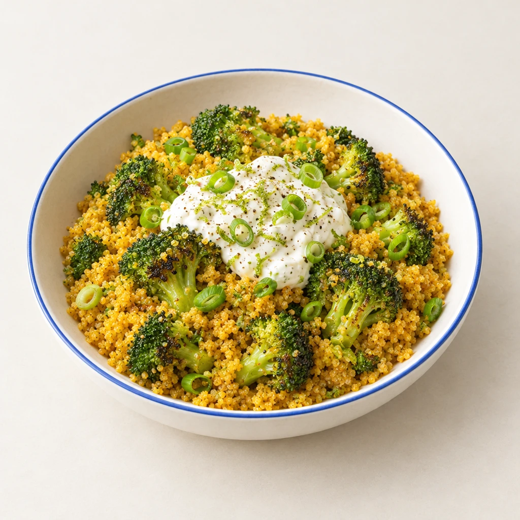 Knusprig gebratener Couscous mit Brokkoli und einem Schmanddip mit Limettenabrieb und Frühlingszwiebeln.