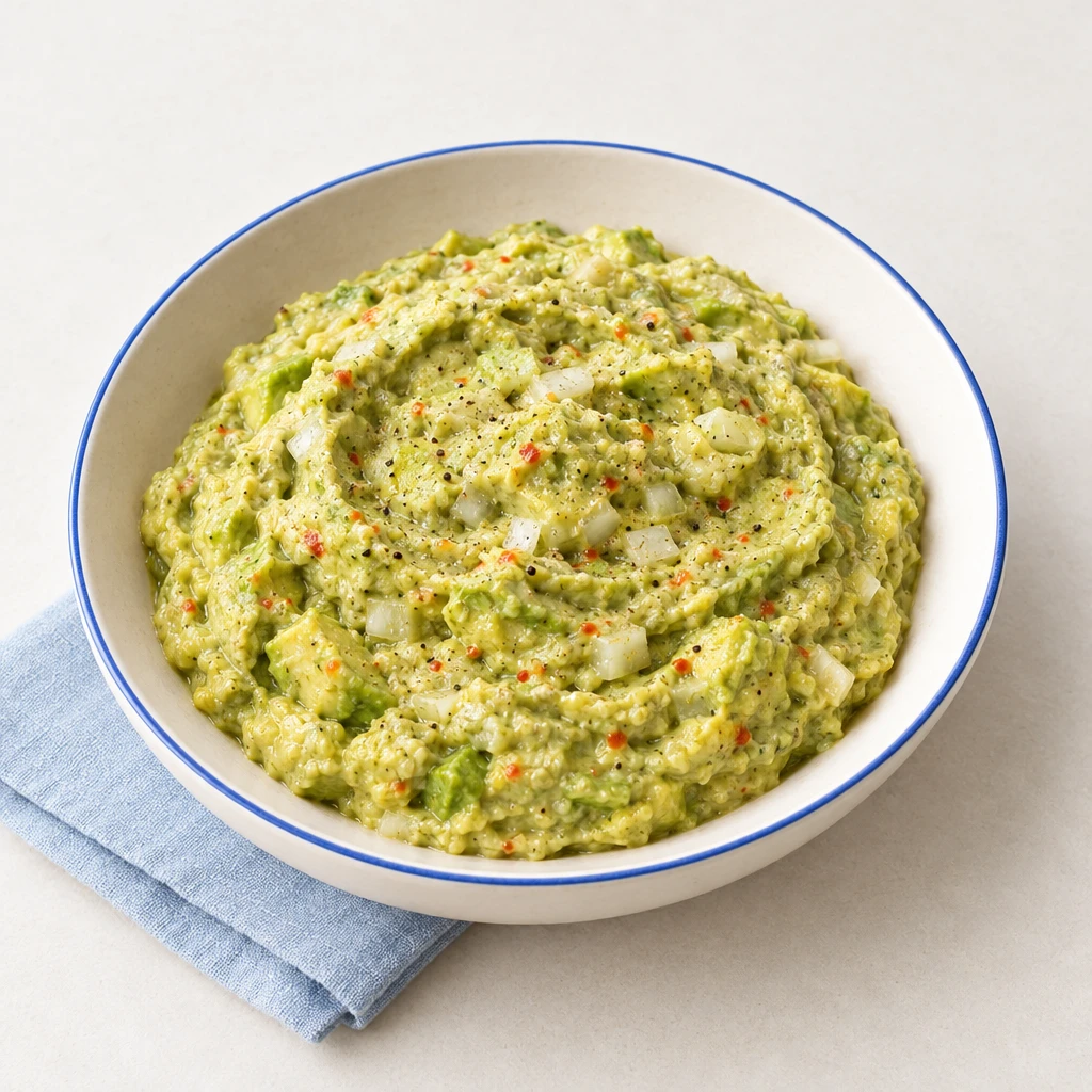 Hellgrüner, cremiger Avocado-Aufstrich in einer flachen Schale.