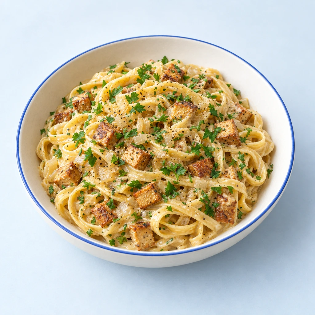 Spaghetti in cremiger Sauce mit gebratenen Räuchertofuwürfeln, gehackter Petersilie und Pfeffer.