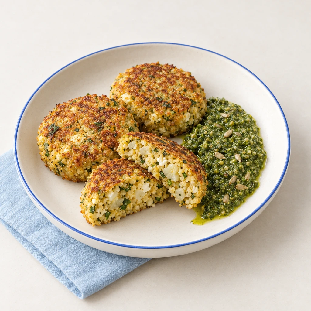 Goldbraune Blumenkohl-Couscous-Bratlinge mit Feta und grünem Basilikum-Sonnenblumenkern-Pesto, ein Bratling aufgeschnitten.