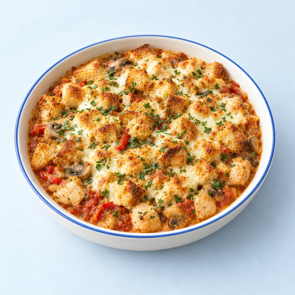 Hähnchenauflauf mit Champignons in cremiger Tomatensauce, überbacken mit Brotwürfeln und Mozzarella und mit frischen Kräutern bestreut.