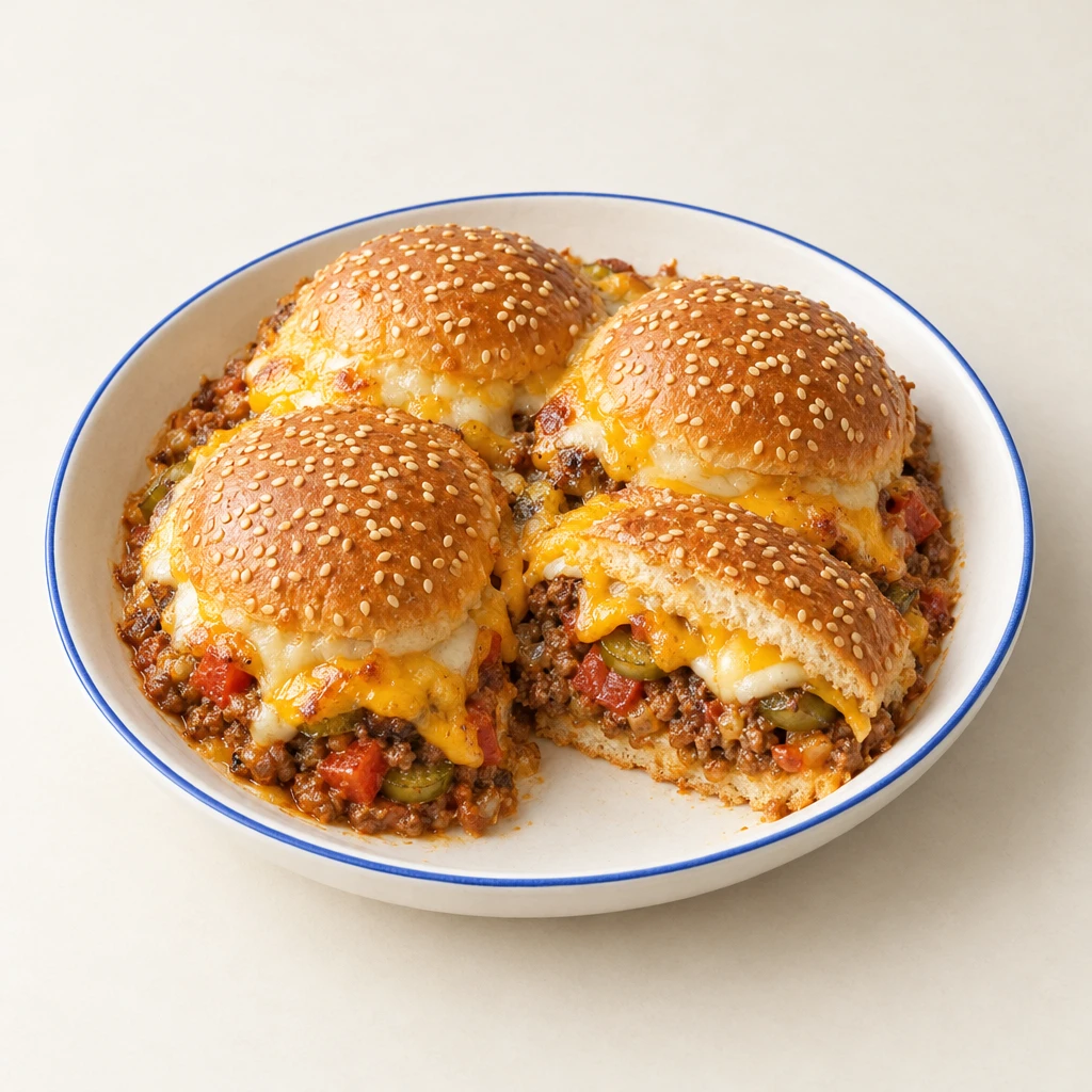 Cheeseburger-Auflauf im Anschnitt mit Sesam-Buns, Hackfleischfüllung und geschmolzenem Käse.