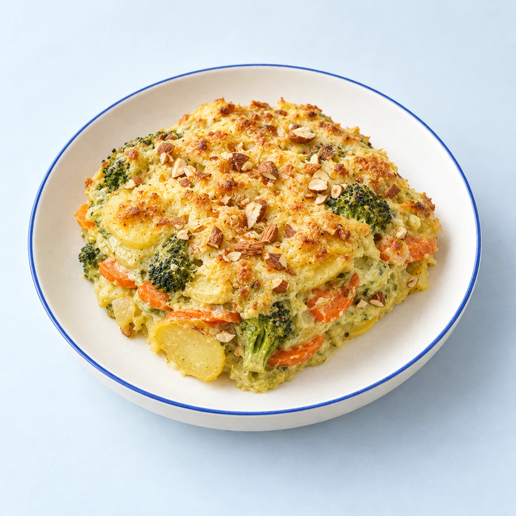 Avocado-Kartoffel-Auflauf mit Karotten, Brokkoli, leicht gebräuntem veganem Käse und gehackten Mandeln.