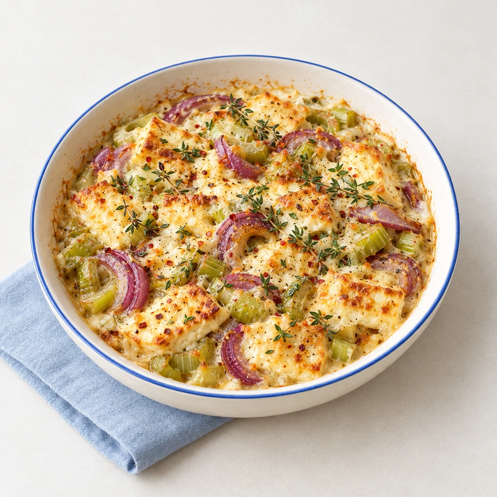 Sellerie-Auflauf mit großen Halloumistücken und roten Zwiebelringen in cremiger Käsesauce, bestreut mit Chili und Thymian.