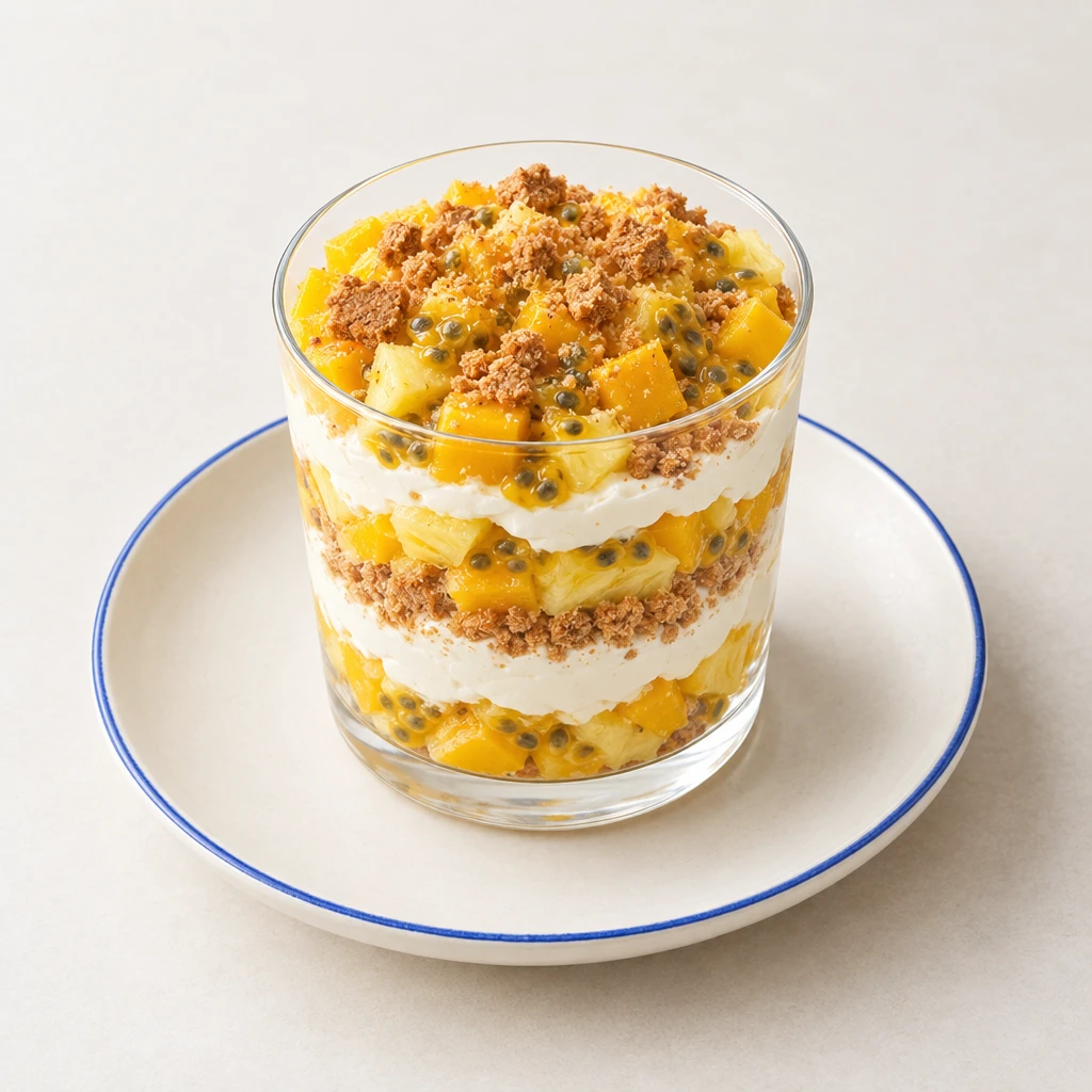 Mango-Ananas-Schichtdessert im Glas mit Maracuja, Frischkäsecreme und Spekulatiusbröseln.