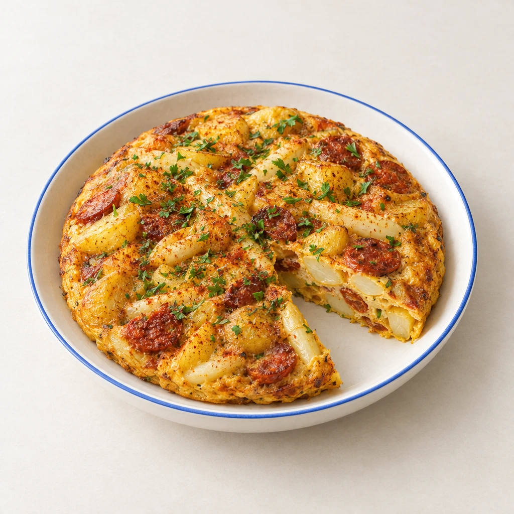 Angeschnittene Spargel-Tortilla mit Kartoffeln und Chorizo, bestreut mit Paprikapulver und Petersilie.
