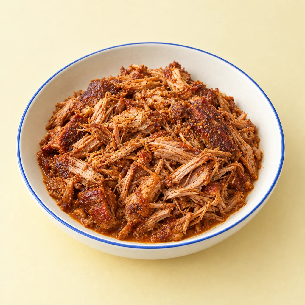 Zart zerzupftes Pulled Pork mit gebräunten Rändern und glänzendem Bratenfond in einer flachen Schale.