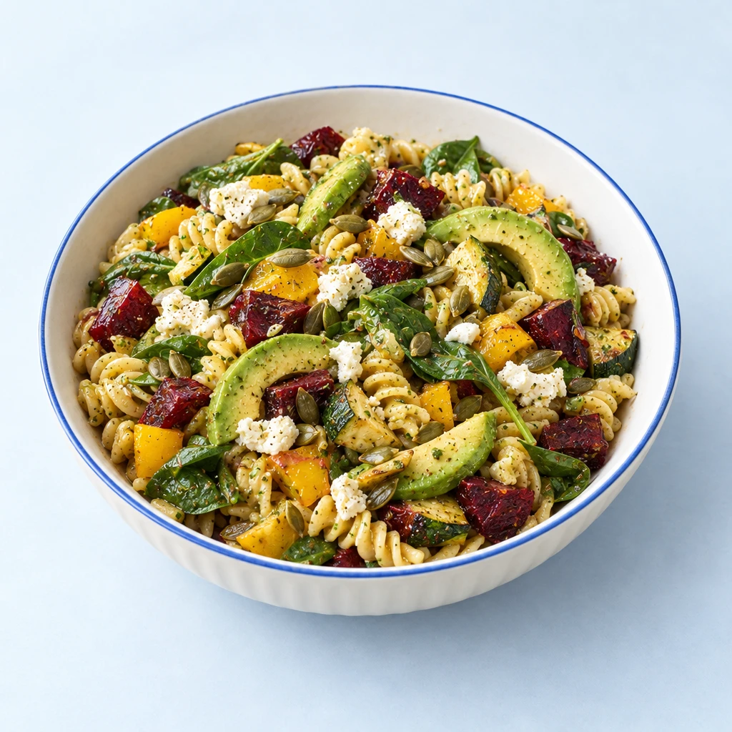 Fusilloni-Salat mit gerösteter Roter Bete und Zucchini, Avocado, gelber Paprika, Babyspinat, Ziegenfrischkäse und Kürbiskernen.