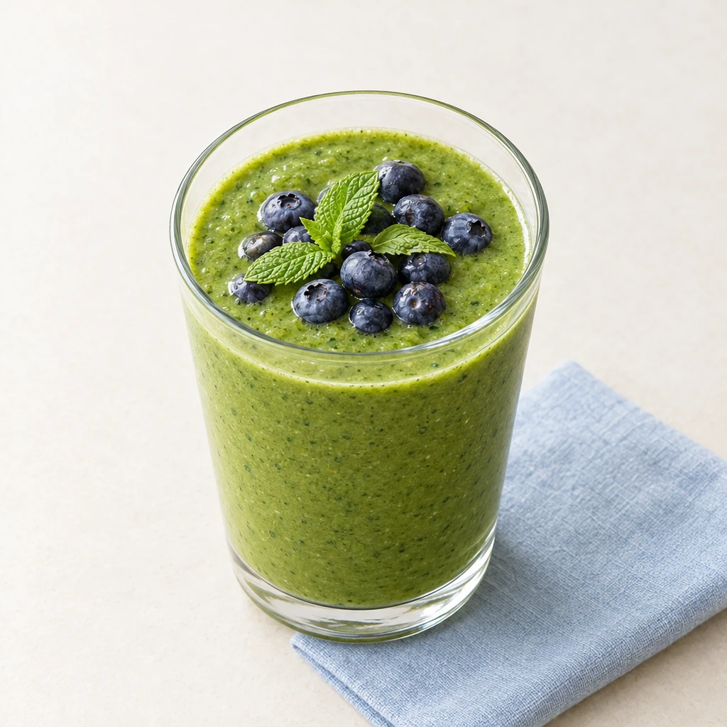 Grüner Smoothie aus Romanasalat, Apfel, Babyspinat und Minze im Glas, mit ganzen Heidelbeeren getoppt.