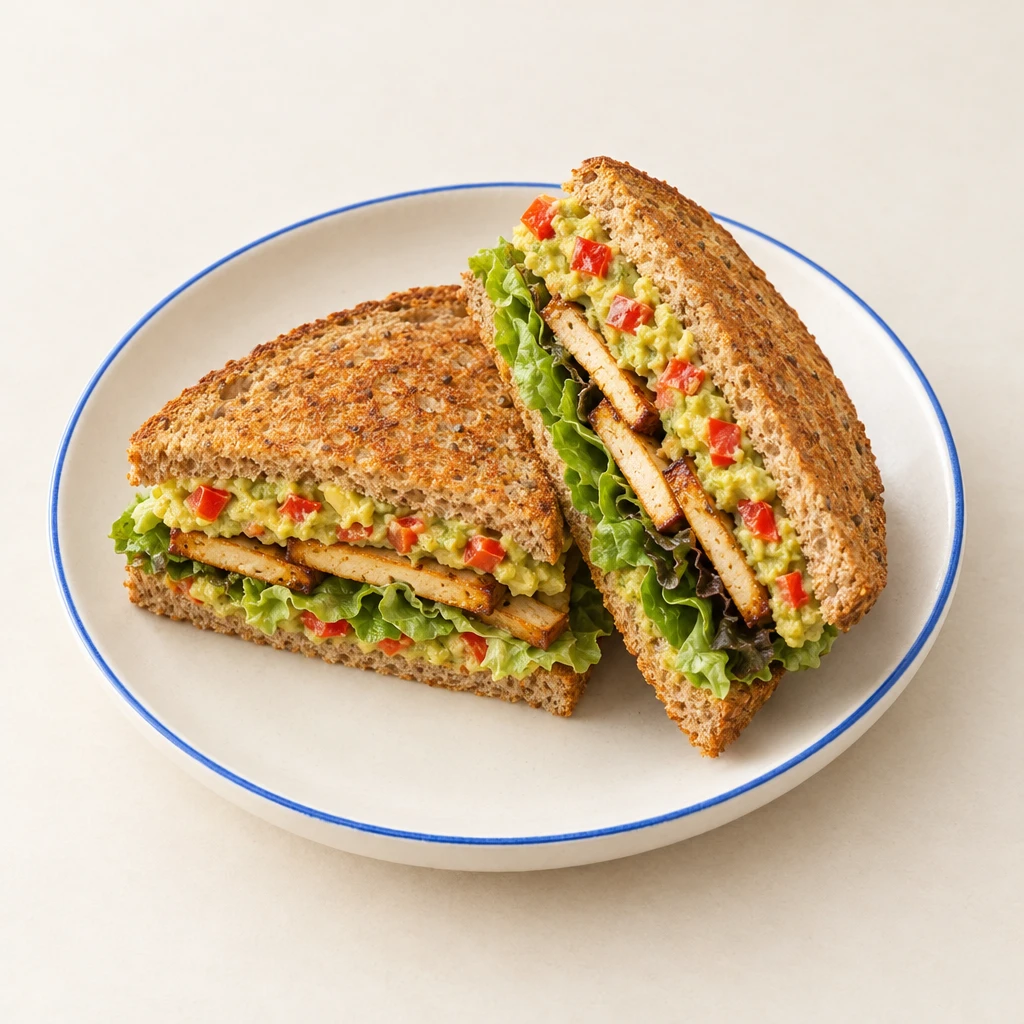 Vollkorn-Sandwiches mit Avocado-Paprika-Aufstrich, Räuchertofu und Blattsalat, eines aufgeschnitten mit sichtbarer Füllung.