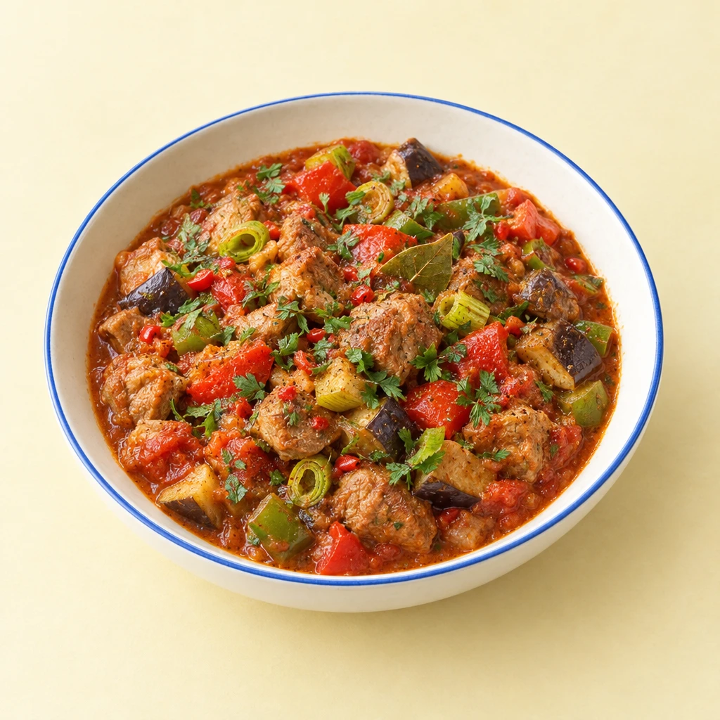 Kavarma mit Schweinefleisch, Porree, Paprika und Aubergine in Tomatensauce, mit Petersilie und Weißbrot.