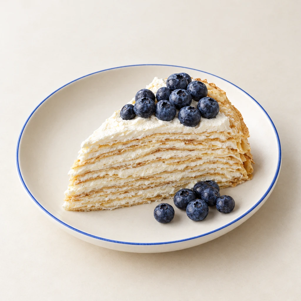 Crêpe-Torte mit feinen Mascarponecremeschichten, einer Cremeschicht als Abschluss und Blaubeeren daneben.