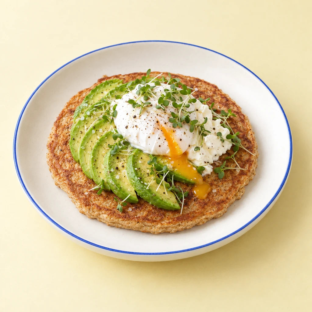 Goldbrauner Pancake mit fächerförmig eingebackenen Avocadospalten, pochiertem Ei, Frischkäse und Kresse auf einem Teller.