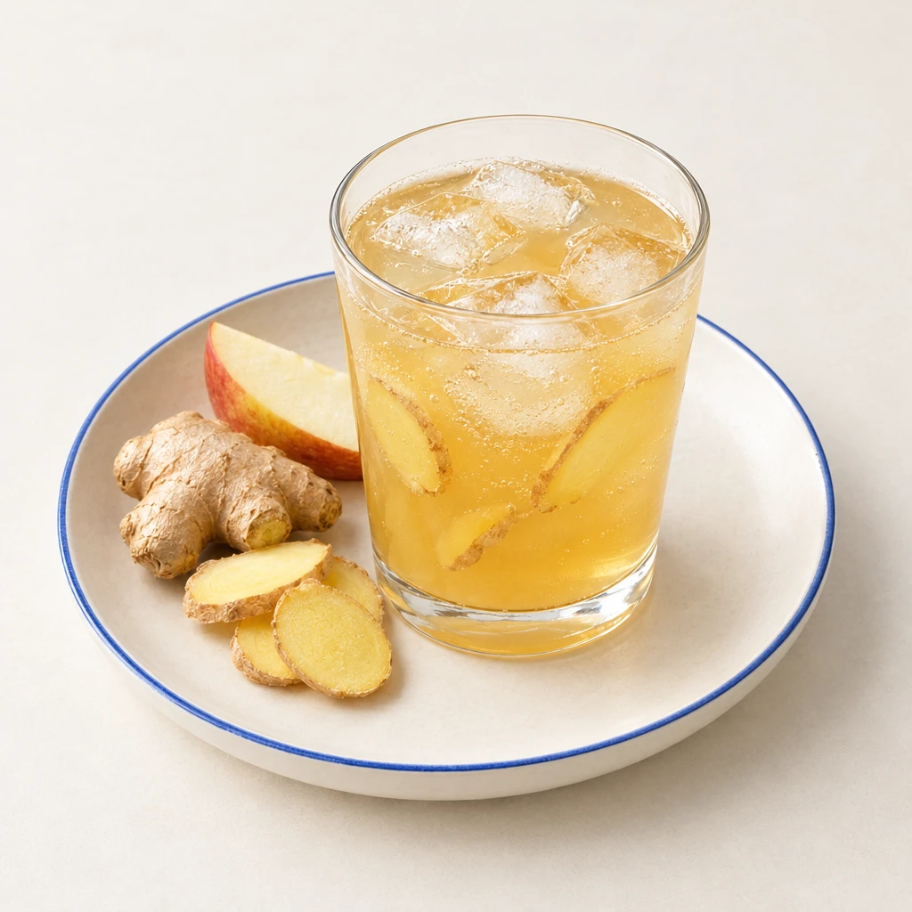 Hellgoldener Switchel mit Eiswürfeln und Ingwerscheiben im Glas.