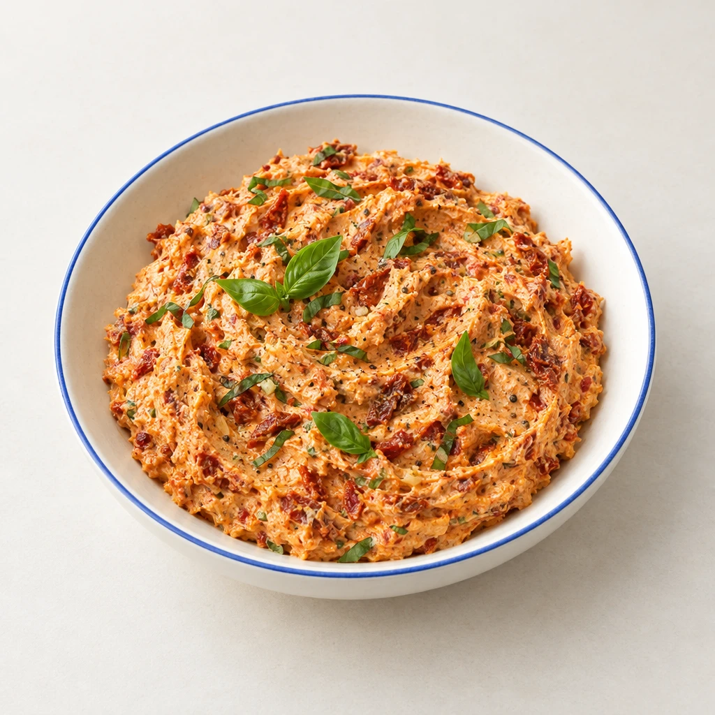 Rötliche Tomatenbutter mit feinen Tomatenstückchen und Basilikum in einer flachen Schale.