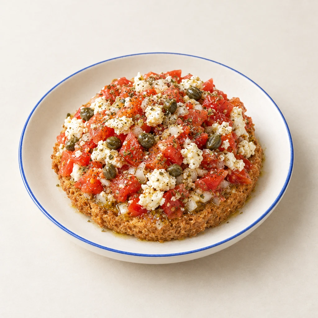 Dakos auf einer Servierplatte: Gerstenzwieback mit fein gewürfelten Tomaten, Feta, Zwiebeln, Kapern und Oregano.