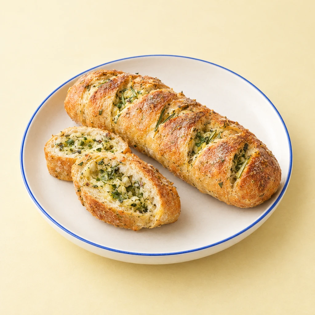Goldbraunes Kräuterbaguette vom Grill, angeschnitten mit sichtbarer Kräuter-Knoblauchbutter-Füllung auf einem Teller.