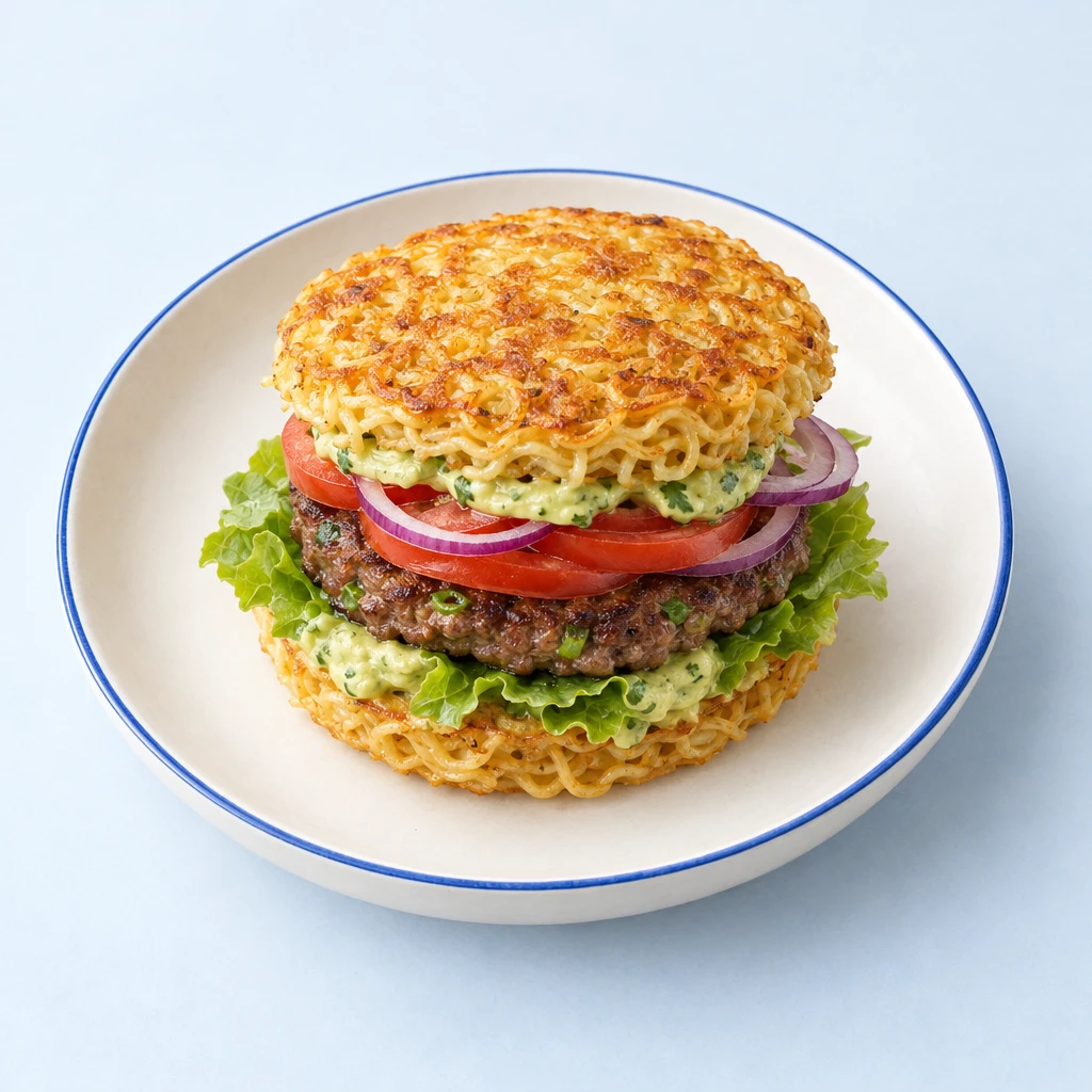 Ramen-Burger mit goldbraunen Nudelfladen, Rindfleisch-Patty, Kopfsalat, Tomate, Zwiebelringen und Avocado-Mayonnaise.