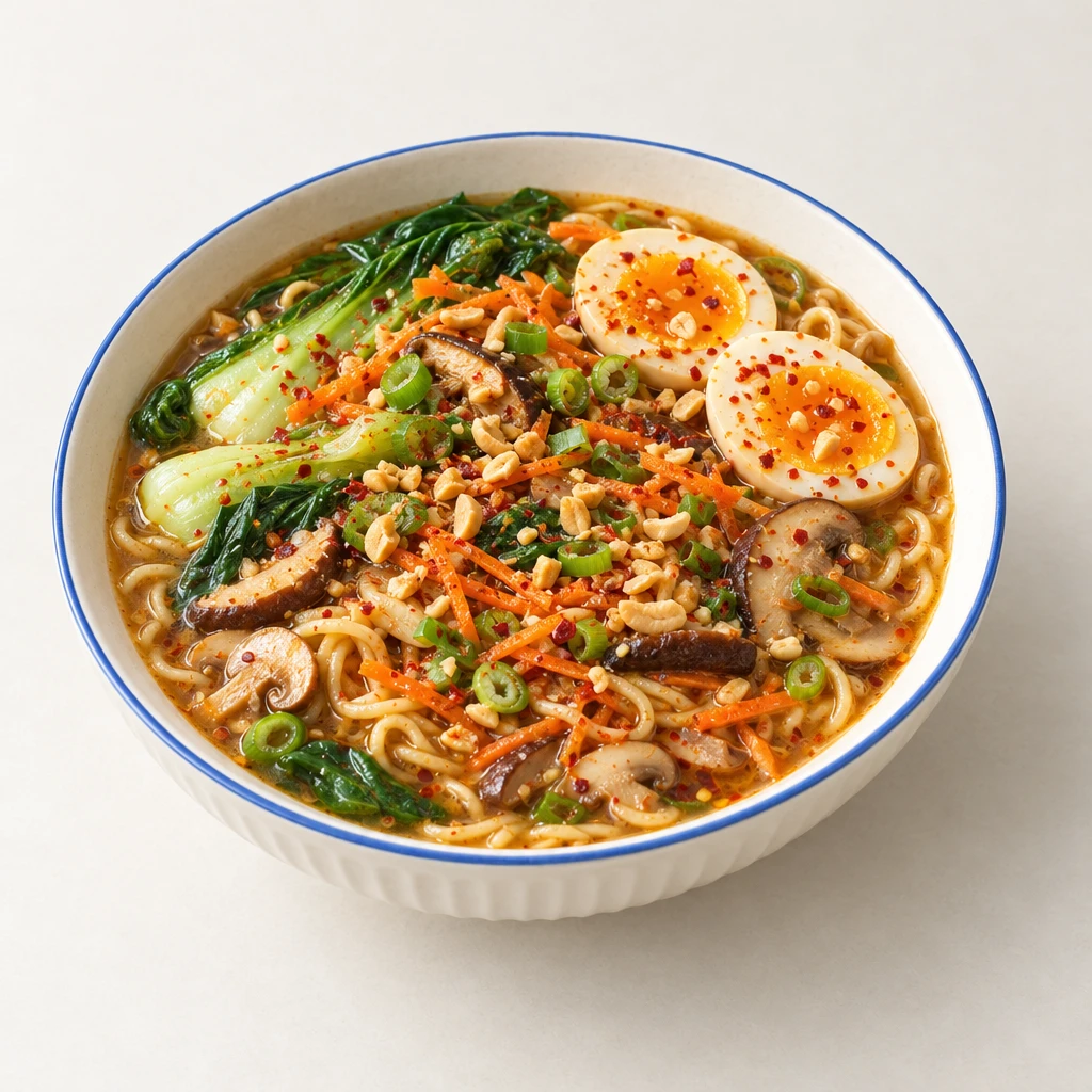 Ramen-Suppe mit Pilzen, Pak Choi, geraspelten Karotten und Eihälften, bestreut mit Frühlingszwiebeln, Erdnüssen und Chiliflocken.