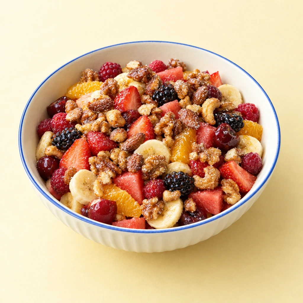 Bunter Obstsalat mit Bananen, Kirschen, Beeren, Orange und Wassermelone, darüber gezuckerte Nüsse und Karamell.
