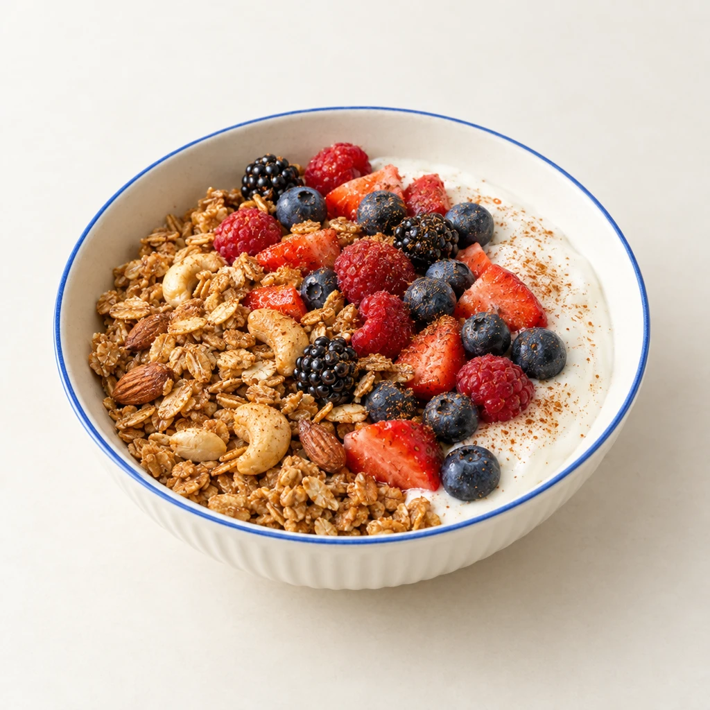 Müsli-Bowl mit Joghurt, goldbraunem Hafer-Nuss-Granola und gemischten Beeren.
