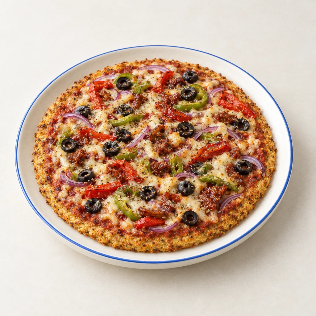 Blumenkohl-Pizza mit Tomatensoße, roten Zwiebeln, schwarzen Oliven, Pimientos und veganem Käseersatz, in Stücke geschnitten.
