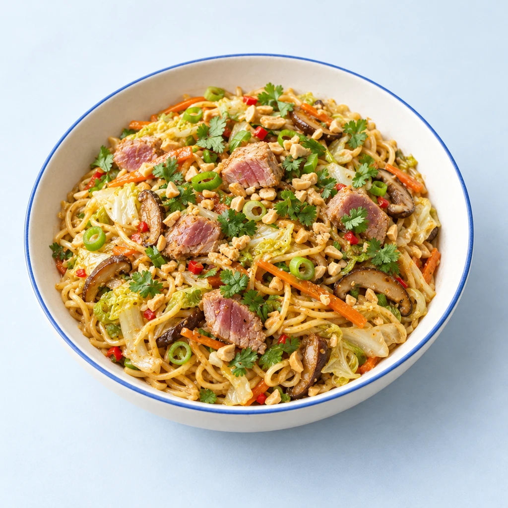 Mie-Nudeln mit gebratenen Thunfischstücken, Chinakohl, Shiitake und Karotten, garniert mit Erdnüssen, Frühlingszwiebeln und Koriander.