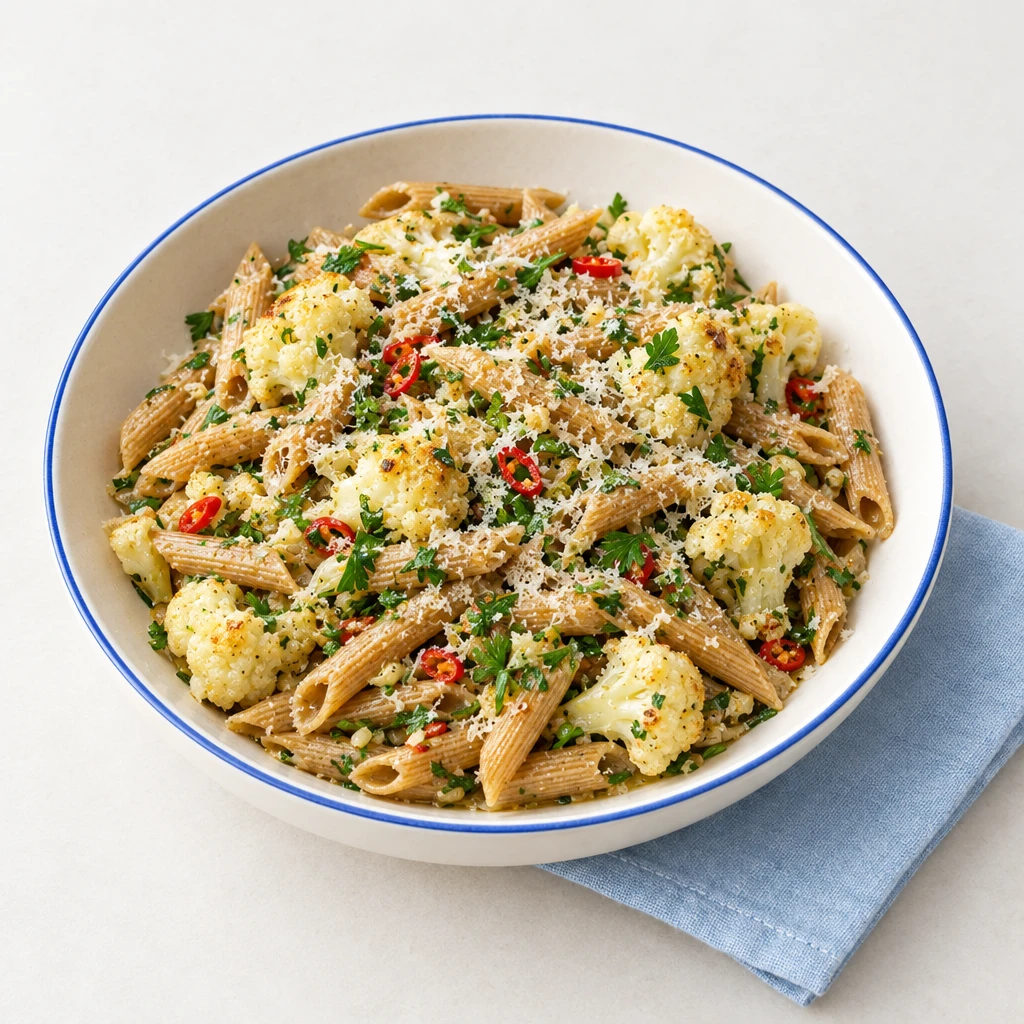 Vollkornnudeln mit Blumenkohlröschen, Knoblauch, Chili und Petersilie, bestreut mit geriebenem Parmesan.
