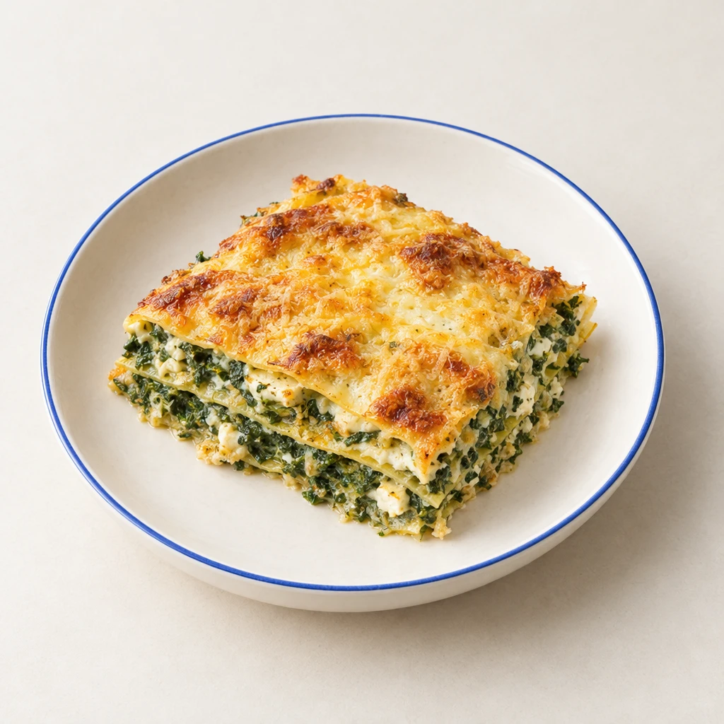 Spinat-Lasagne mit goldbrauner Cheddarkruste und sichtbaren Schichten aus Nudelplatten, cremigem Spinat und Feta auf einem Teller.