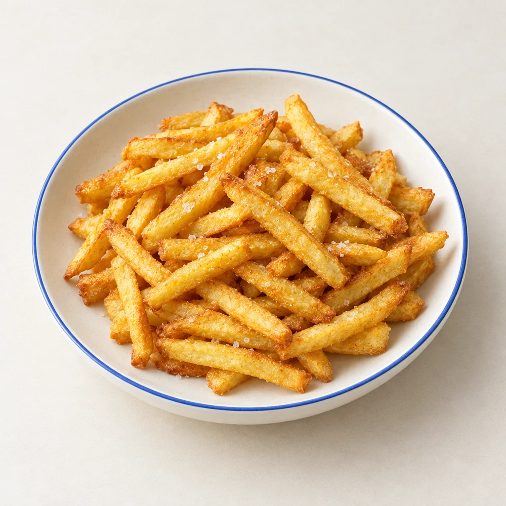 Goldbraune Pommes frites mit Schale und Meersalz auf einem Teller.