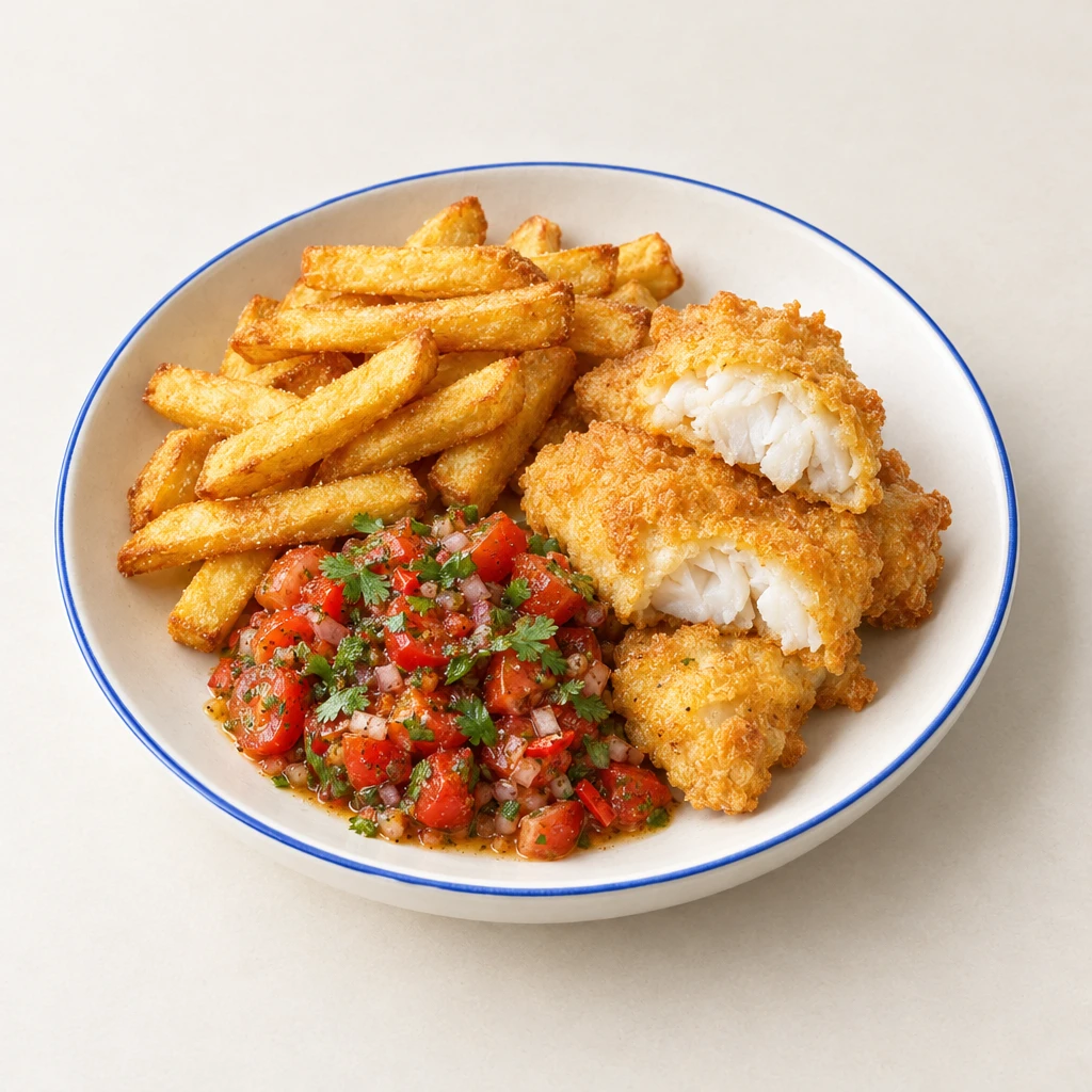 Goldbraune Seeteufelstücke im Backteig mit dicken Pommes frites und Tomaten-Koriander-Salsa auf einem Teller.