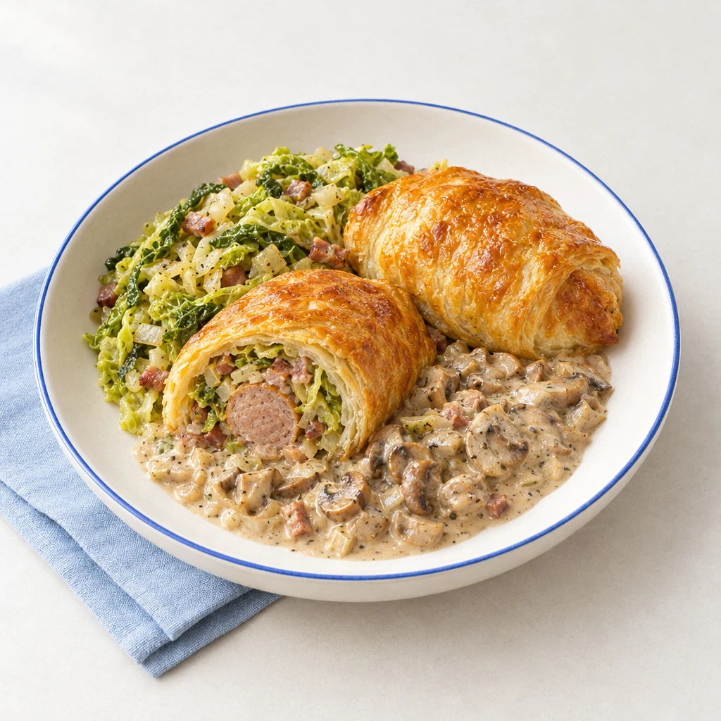 Aufgeschnittene Bratwürste im goldbraunen Blätterteig mit Wirsing-Speck-Füllung und cremiger Pilzsauce.
