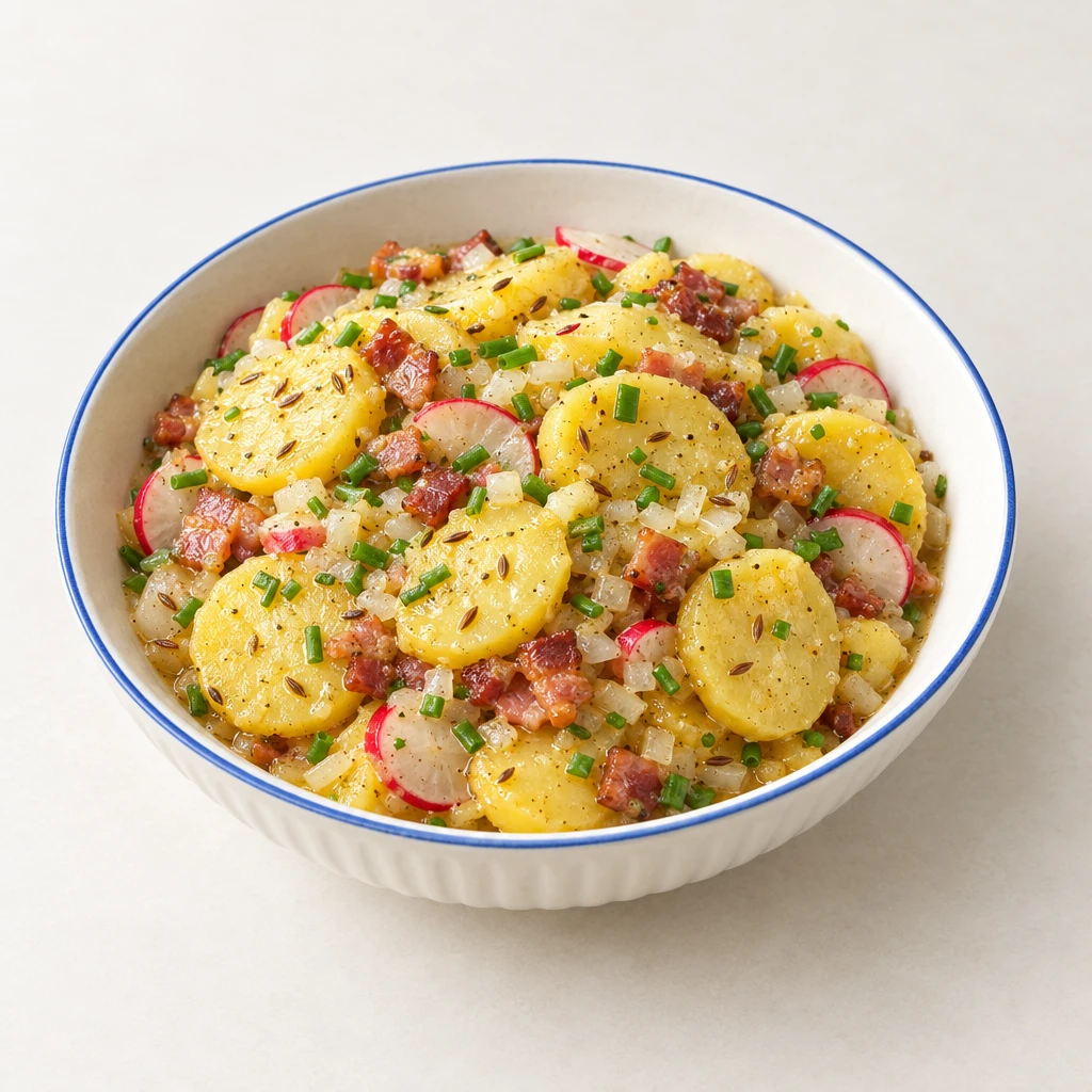 Warmer Kartoffelsalat mit Speckwürfeln, Radieschenscheiben und Schnittlauch in einer flachen Schale.