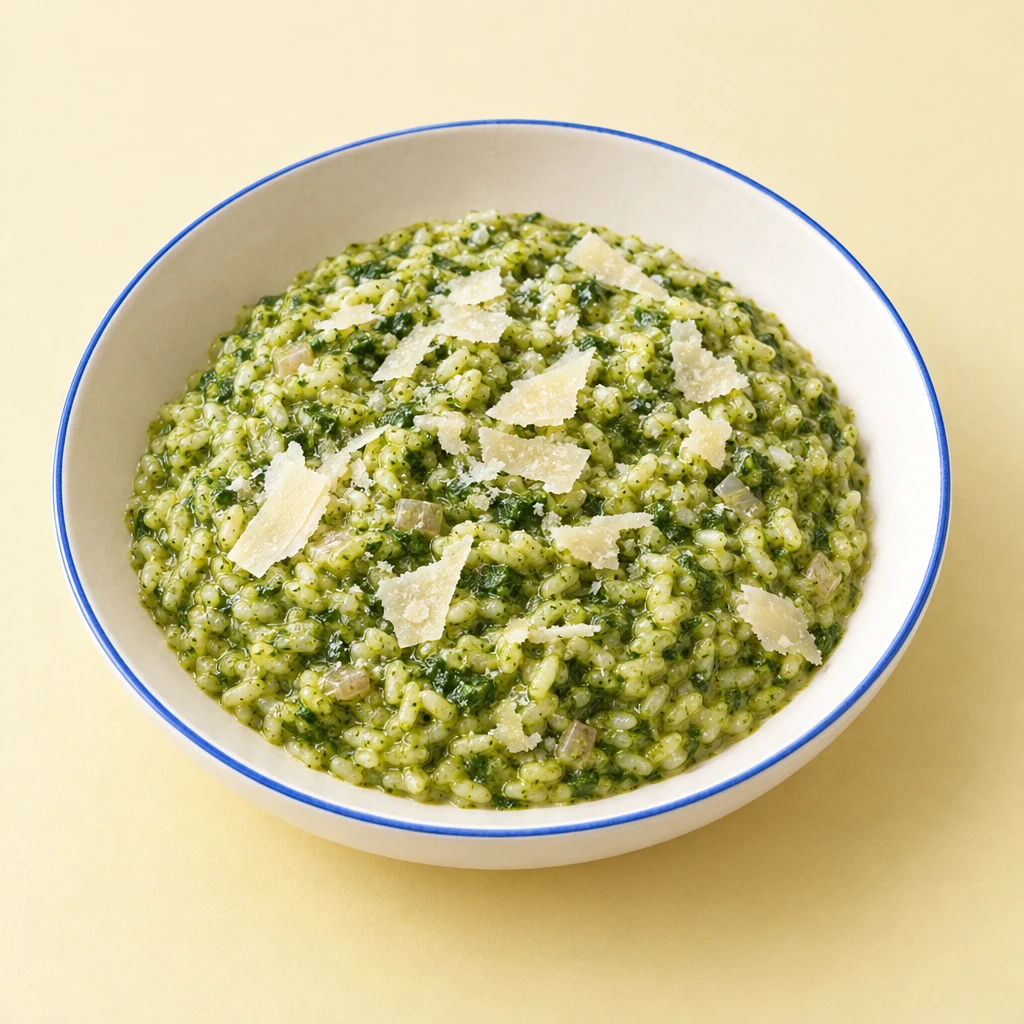 Cremiges grünes Bärlauchrisotto mit Parmesan in einer flachen Schale.