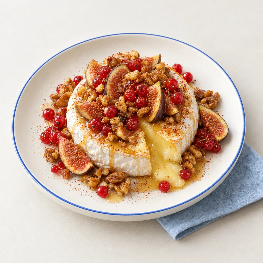 Gebackener Camembert mit rotem Johannisbeerkompott, Walnüssen, Feigenstreifen und Honig auf einem Teller.