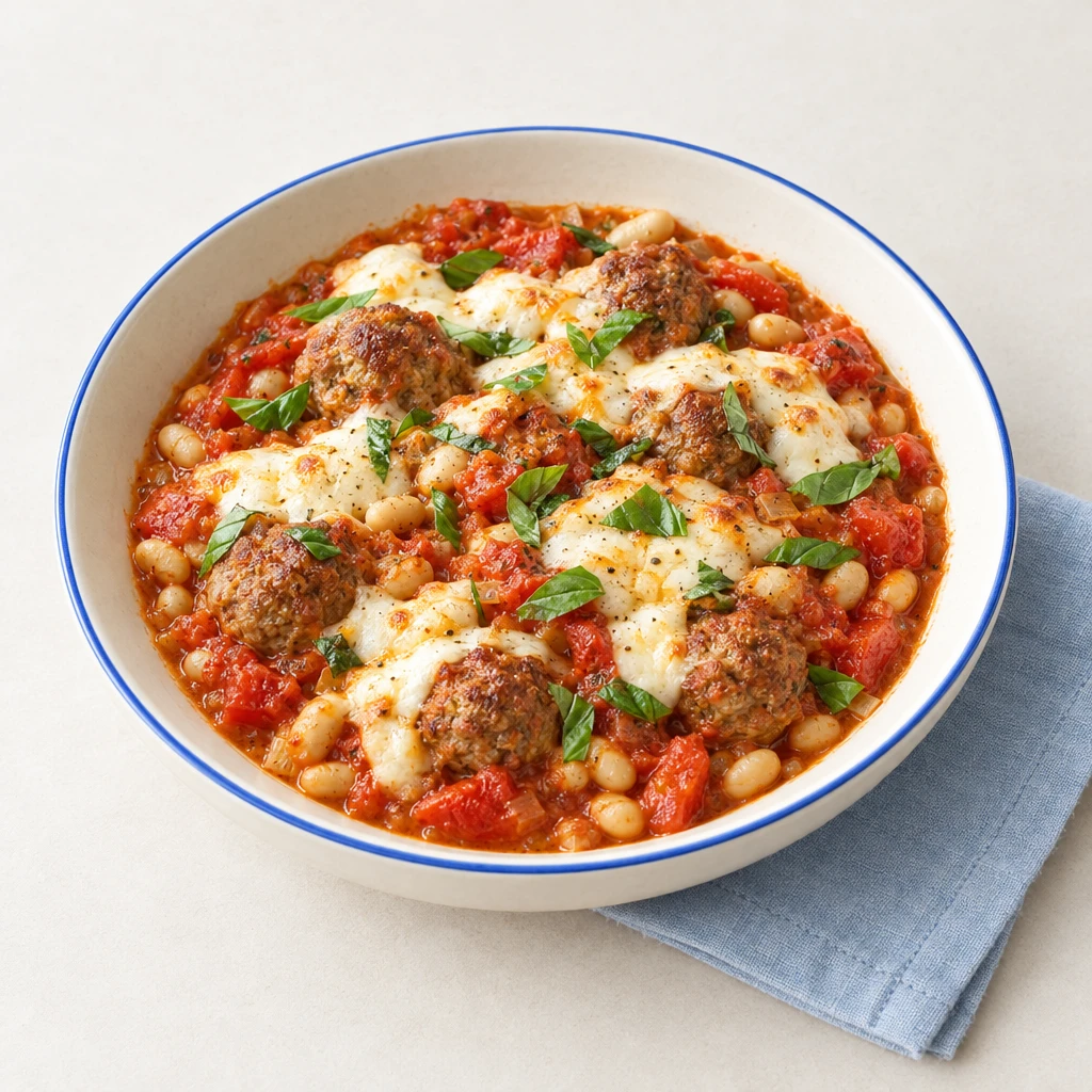 Hackbällchen-Auflauf mit weißen Bohnen, stückiger Tomatensauce, geschmolzenem Mozzarella und Basilikum.