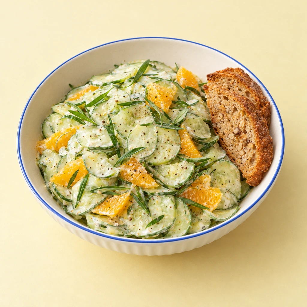 Gurkensalat mit cremigem Senf-Orangen-Dressing und Estragon, dazu knusprige Kartoffel-Nuss-Brotscheiben.