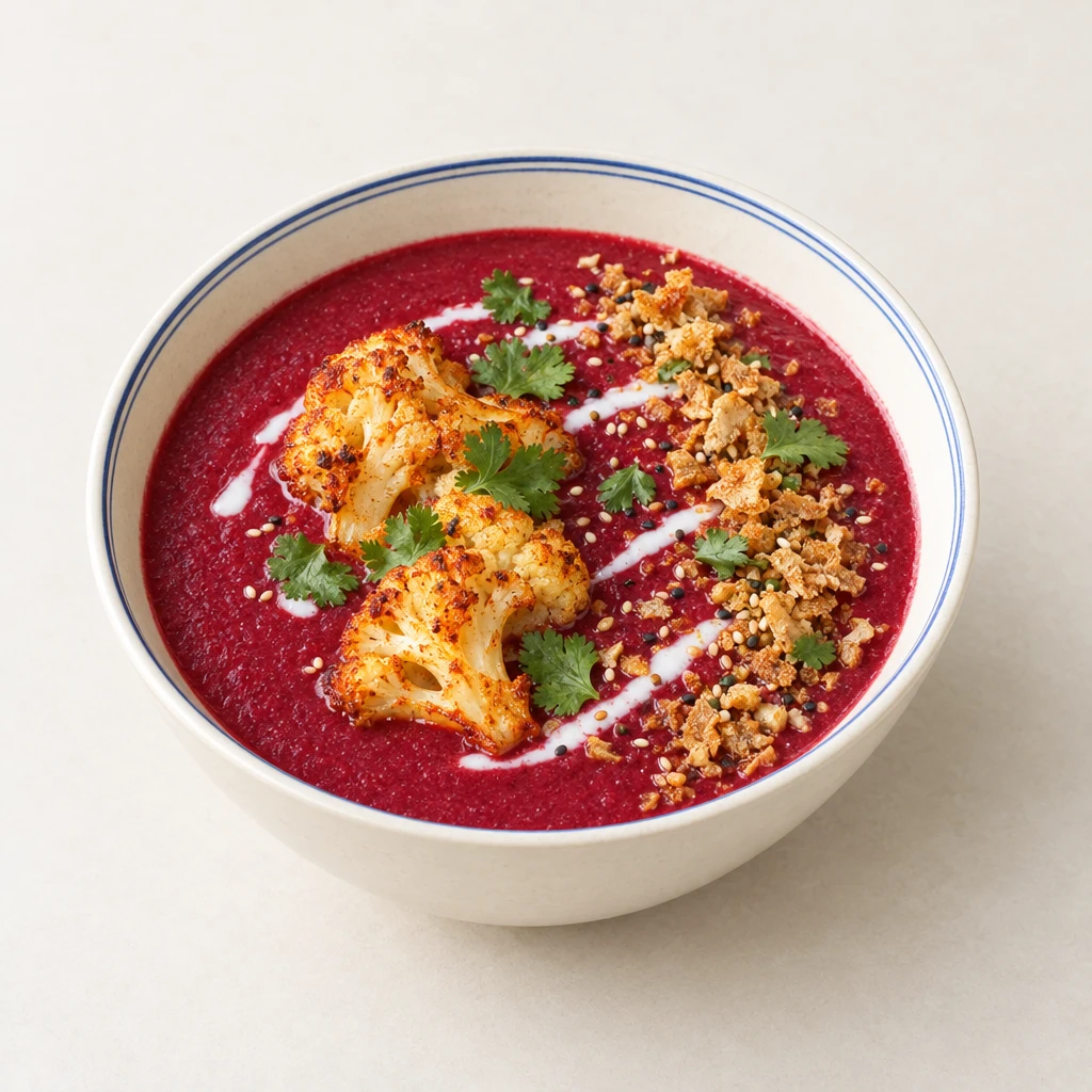 Cremige Rote-Bete-Topinambur-Suppe mit gerösteten Blumenkohlstreifen, Sesam, Topinambur-Gewürz und Koriander.