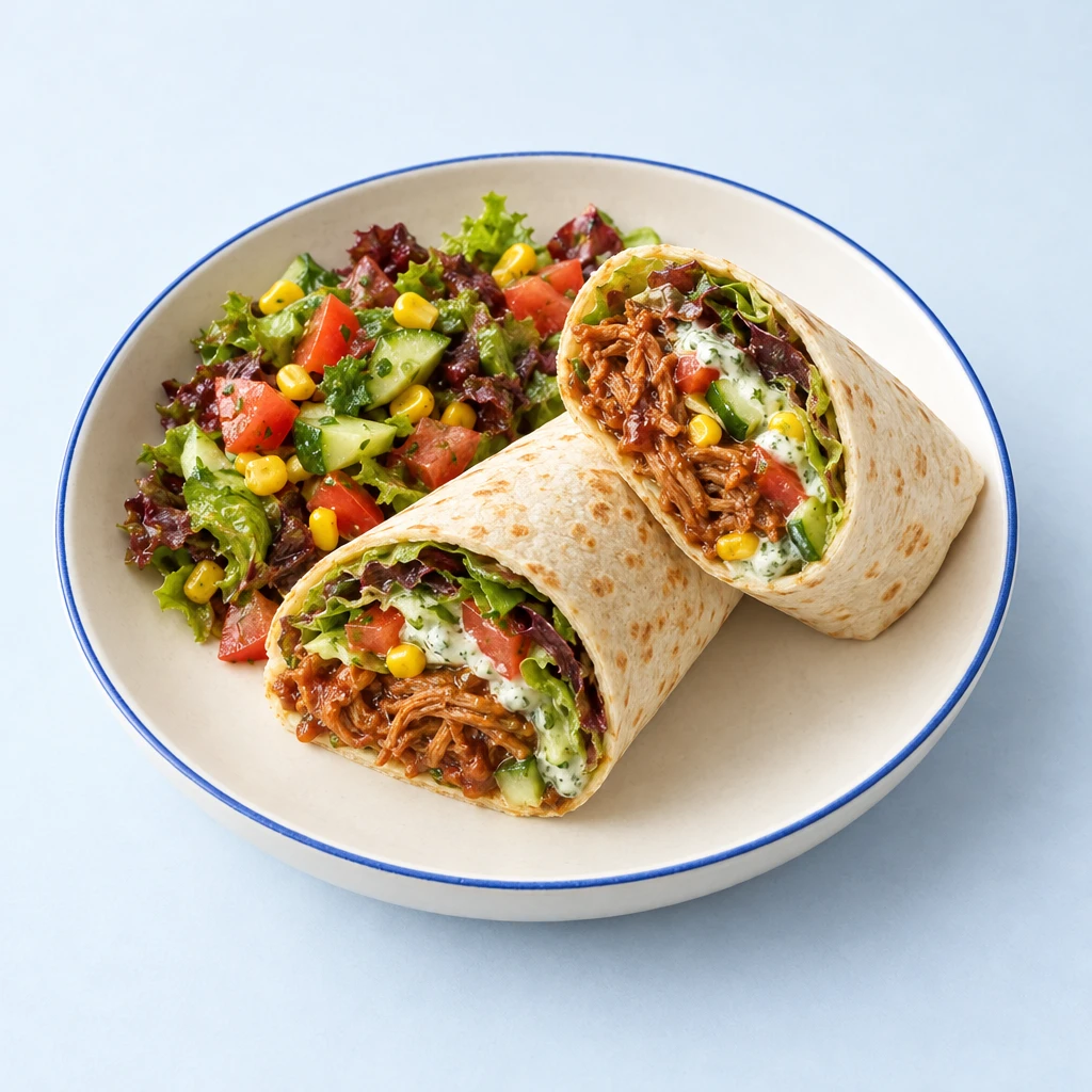 Aufgeschnittener Tortilla-Wrap mit Pulled Pork, Tomaten, Gurke, Mais, Lollo Rosso und Kräuter-Sour-Cream.