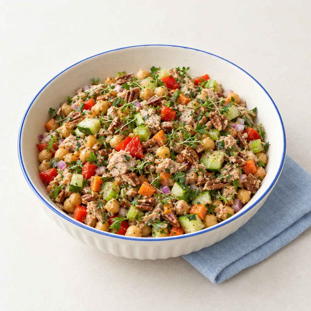 Kichererbsensalat mit Gemüse, veganer Thunfisch-Alternative, gerösteten Pekannüssen und Gartenkresse in einer flachen Schüssel.