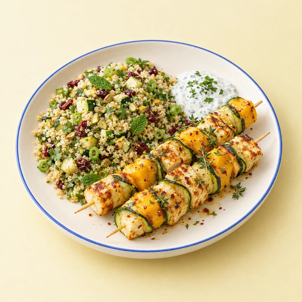 Gegrillte Mango-Halloumi-Spieße mit Zucchini, Couscous-Salat und Minz-Limetten-Joghurt.