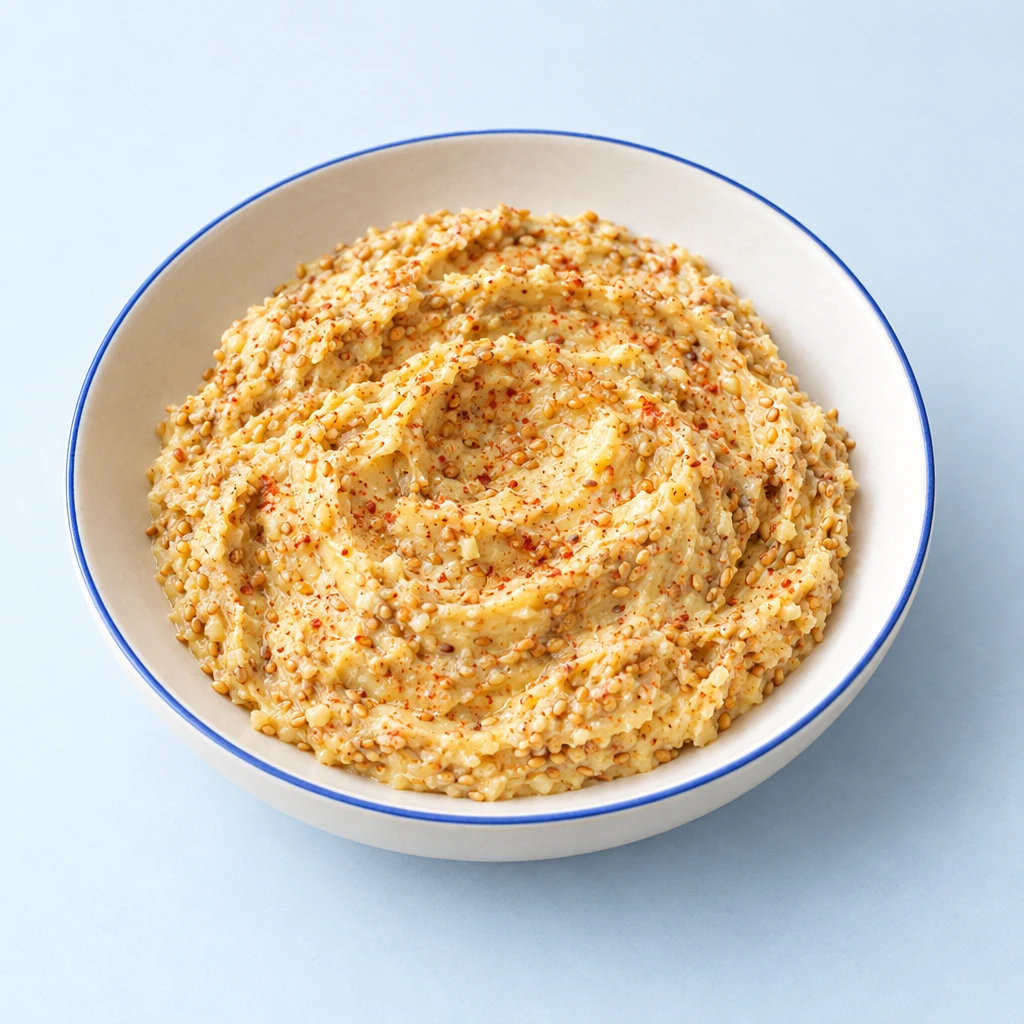 Hellgelbe Sesambutter mit gerösteten Sesamsamen in einer flachen Schale.