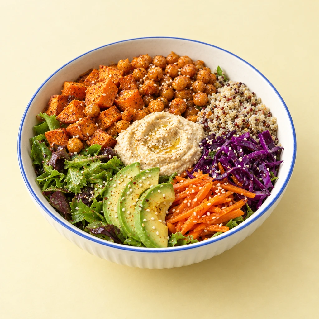 Bunte Gemüse-Bowl mit Quinoa, gerösteten Süßkartoffeln, Kichererbsen, Rotkohl, Karotte, Avocado und Hummus.